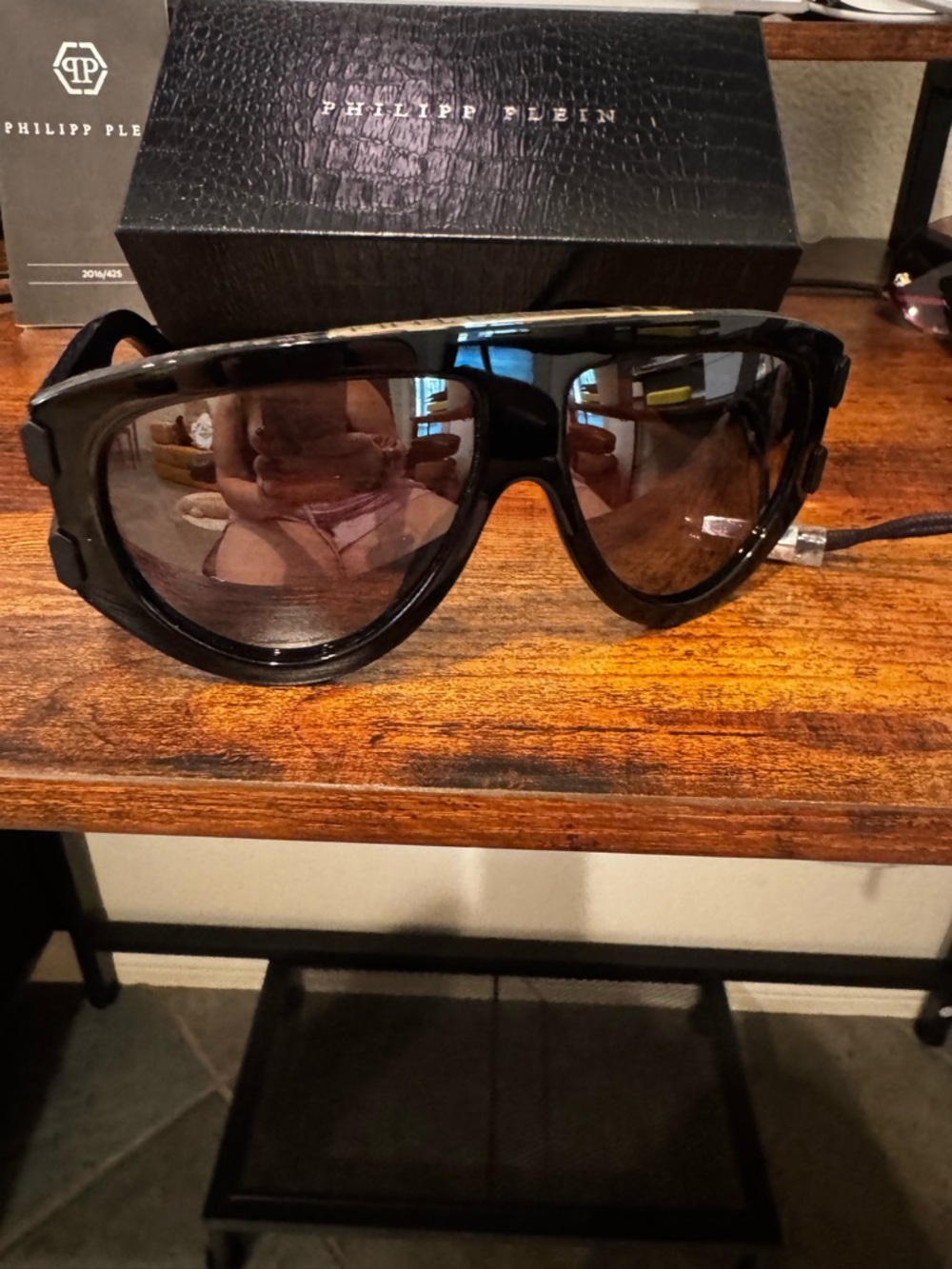 Philipp Plein Black and Gold Logo Thick-Arm Sunglasses